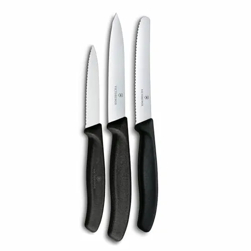 Victorinox Gemüsemesser-Set 3 Stück - schwarz - Praktisches Messerset für die Küche, bestehend aus 3 vielseitigen Messern. Mit robusten Stahlklingen und spülmaschinenfesten Kunststoffgriffen, ideal für alle Schneidarbeiten.