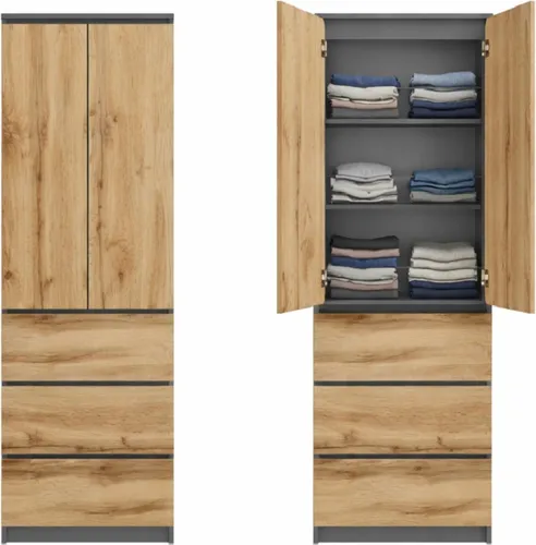 Home Collective 2-türiger Kleiderschrank mit Schubladen und Einlegeböden - Praktischer Stauraum mit 3 Einlegeböden und 3 Schubladen. Ideal für Schlafzimmer, Flur oder Büro. Kompakt und pflegeleicht mit modernem Design, perfekt für jede Einrichtung.