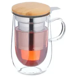 Relaxdays Teeglas mit Sieb und Bambusdeckel Hellbraun,Silber,Transparent