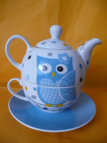 Schönes 4-tlg. TEE-SET "TEA FOR ONE", Motiv: "EULE-BLAU", für 1 Teetrinker! NEU!