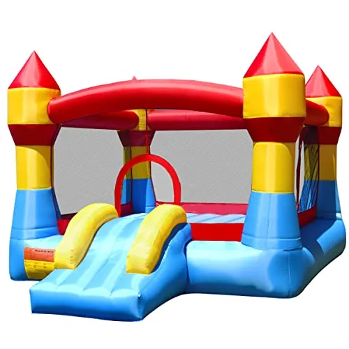 COSTWAY Hüpfburg mit Rutsche - Hüpfburg für Indoor & Outdoor, große Sprungfläche und Sicherheitsnetz, ideal für Kinder ab 3 Jahren, inklusive Tragetasche und Reparaturset.