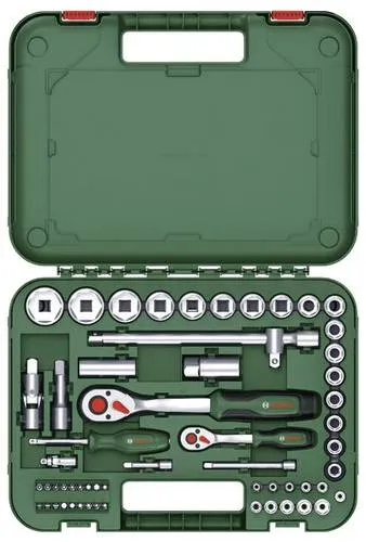 Bosch Home and Garden 1600A02Z9G Steckschlüsselsatz - Schraubenschlüssel 57-teiliges Hochleistungsratschen-Set mit extrem hohem Drehmoment, ideal für Heimwerkerarbeiten und ausgestattet mit ergonomischem Griff für Komfort und Kontrolle.