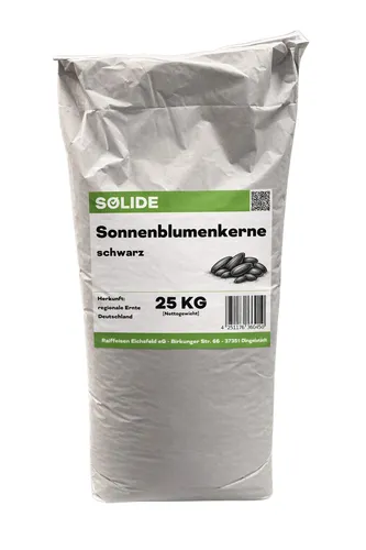 SOLIDE Sonnenblumenkerne schwarz 25kg für Wildvögel - Hochwertige schwarze Sonnenblumenkerne als Ganzjahresfutter für Wildvögel. Energieträger mit hohem Ölgehalt, ideal für die Fütterung in jeder Jahreszeit. Praktisch verpackt in zwei 12,5kg-Säcken.