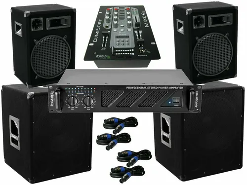 PA Set 2900 Watt mit 3 Wege Boxen und Subwoofer - DJ- & PA-Set mit 2900 Watt Leistung, inklusive Mixer, Verstärker und Kabel für perfekten Sound bei Events.