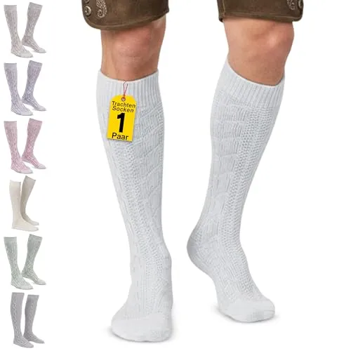 Trachtensocken klassisch 40cm Lang - Trachten Strümpfe Passend zu kurze Trachtenhosen & Kniebundhosen - Edel gestrickte Socken mit Zopfmuster - aus Baumwolle für Damen & Herren Weiß - 38-40