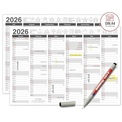 TOBJA abwischbarer Wandkalender 2026 A4 - "Anthrazit" Jahresplaner 2026 abwischbar, inkl. Stift. Tafelkalender 2026, Robuster Kalender A4 (abwischbar +1 Stift)