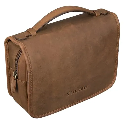 STILORD 'Arlo' Leder Kulturtasche - Vintage Kulturbeutel zum Aufhängen - Kulturtaschen für mehr Übersicht und Platz auf Reisen. Die elegante Ledertasche bietet praktische Fächer und einen Henkel zum Tragen sowie einen Ring zum Aufhängen.