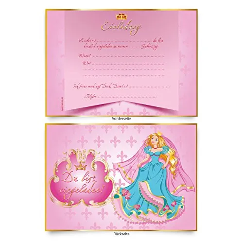 Geburtstagseinladungen (8 Stück) "Prinzessin" zum Ausfüllen für Mädchen & Kinder