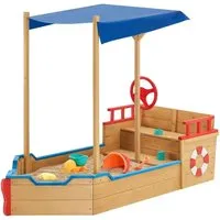 Juskys Sandkasten Käpt'n Pit - Piratenschiff aus Holz - Sandkasten in Piratenschiff-Form mit Stauraum und Sitzbank, ideal für kreative Spielstunden im Freien, aus robustem Kiefernholz, einfache Selbstmontage.