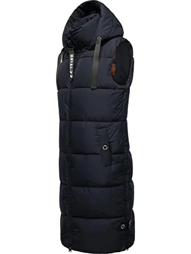 Navahoo Damen ärmellose Lange Outdoorweste Schnuffelchen Navy Gr. XS - Funktionsjacken: Stylische, lange ärmellose Weste mit verstellbarer Kapuze, ideal für kalte Tage und sportliche Aktivitäten, bietet Bewegungsfreiheit und hohen Tragekomfort.