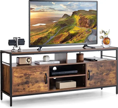 COSTWAY TV-Schrank für Fernseher bis 65 Zoll - TV-Schrank im Vintage-Stil mit viel Stauraum, 2 Türen, offenen Fächern und verstellbaren Regalen für individuelle Nutzung. Ideal für Wohnzimmer, Maße: 147 x 40 x 62 cm.