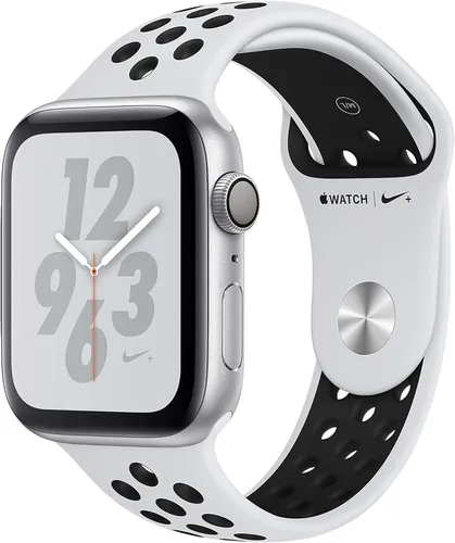 Apple Watch Nike+ Series 4 - GPS 44mm Aluminium mit Sportarmband - Smartwatch mit wasserdichtem Design und umfassenden Fitnessfunktionen, ideal für Sportbegeisterte und Apple-Nutzer. Inklusive Sportarmband in platinum/schwarz.