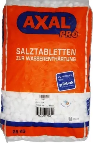 AXAL 25kg Salztabletten für Wasserenthärtung - AXAL® Pro Salztabletten bieten hohe Reinheit und optimale Löslichkeit für effiziente Wasserenthärtung. Ideal für den professionellen Einsatz und zur Verlängerung der Lebensdauer Ihrer Enthärtungsanlage.