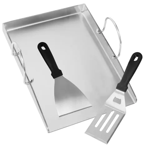 30x40 cm Edelstahl Grillplatte für Männer Frauen, mit 2 Grillspachtel Set, Universal Plancha für Holzkohlegrill und Gasgrills, Grillplatte für 4mm Dickem Edelstahl BBQ mit Abnehmbar Griffen