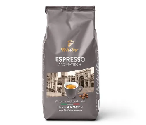 Tchibo Espresso Aromatisch - 1 kg Ganze Bohne - Kaffeebohnen mit Intensität 4/6, ideal für Kaffeevollautomaten. Ein aromatischer Espresso mit samtiger Crema, perfekt für jeden Geschmack.
