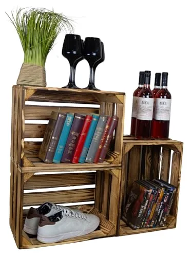 Holzkiste Bella geflammt 3er Set – Vielseitige Aufbewahrungslösung - Robuste Holzkisten (40 x 30 x 25 cm) ideal zur Aufbewahrung von Wein, Schuhen oder Büchern. Praktisch und schick – optimal für jeden Raum!