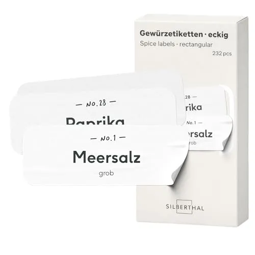 SILBERTHAL Gewürzgläser Etiketten Set (232 Stück) Eckig – wasserfest & selbstklebend, 180 vorgedruckt + 52 blanko, rückstandslos ablösbar & wiederverwendbar, 2 Größen (60×20 mm / 30×15 mm), matt weiß