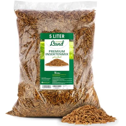 HÜHNER Land Feinkost Insektenmix 5 Liter I Mit Mehlwürmer & Soldatenfliegenlarven getrocknet I Ziergeflügelfutter ohne Zusätze I Für Ziergeflügel & Reptilien