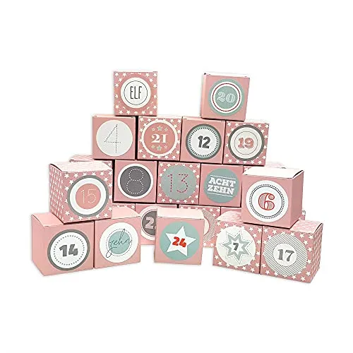 Frau WUNDERVoll® DIY Adventskalender Vorfreude zum Befüllen, Faltschachteln 12x rosa weiße Sterne,12x rosa 7x7x7cm(gefaltet),XL Ziffern pastell/Weihnachten, Würfelbox, Faltverpackung, Schachteln