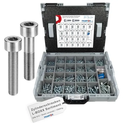 FRANTOS L-BOXX Zylinderschrauben Set DIN 912 – 1.500 tlg. inkl. 4 Winkelschlüssel - Umfassendes DIN 912 Schraubensortiment mit 1500 Zylinderkopfschrauben in 22 Größen für vielfältige Projekte. Praktische L-Boxx sorgt für Ordnung und einfachen Transport.
