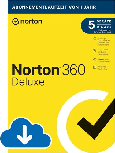 Norton 360 Deluxe | 5-Geräte | 1 Jahr - Vielseitige Sicherheitslösung für PC, Mac, iOS und Android. Schützen Sie bis zu 5 Geräte effektiv mit einer benutzerfreundlichen Download-Version.