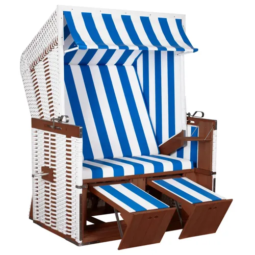 Strandkorb Profi Nordsee Sylt PVC white Des. 991 - Robuster 2-Sitzer Strandkorb mit blau-weißem Design und gestreiften Kissen. Ideal für entspannte Tage am Strand oder im Garten. Maße: 128 cm Breite, 170 cm Höhe.