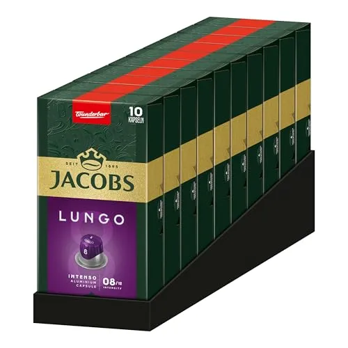 Jacobs Kaffeekapseln Lungo Intenso, Intensität 8/12 - 100 Nespresso* kompatible Kapseln - Kaffeekapseln & Pads: Intensiver Lungo mit feiner Crema und herzhaftem Aroma, perfekt für Nespresso*-Maschinen. Nachhaltig produziert für besseren Kaffeeanbau.
