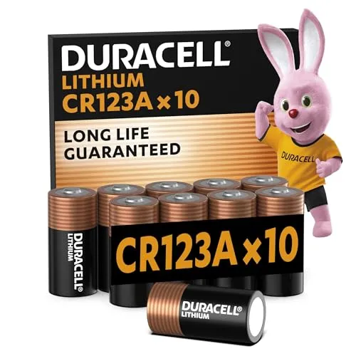 10x Duracell Lithium 3V CR123A CR17345 Batterie - Hochleistungs-Lithiumbatterie mit 1550mAh, ideal für Digitalkameras, Taschenlampen und Sicherheitssysteme. Langanhaltend und zuverlässig, auch bei extremen Temperaturen. Lieferumfang: 10 Batterien in praktischer Verpackung.