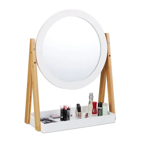 Runder Kosmetikspiegel mit Ablagefläche von Relaxdays - Badezimmerspiegel mit schwenkbarem Design, ideal für präzises Schminken und Pflege – modernes Bambus-Material und praktische Ablage.