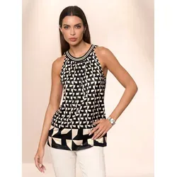 Shirttop HEINE, Damen, Gr. 44, beige (sand, schwarz, bedruckt), 95% Polyester, 5% Elasthan, gemustert, mehrfarbig, bedruckt, Rundhals, ohne Ärmel, Tops