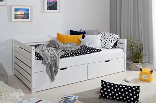 Stauraumbett Naomi mit 2 Schubkästen – 100x200cm in Weiß - Praktisches Stauraumbett mit 2 Schubkästen, ideal für effiziente Raumnutzung in Schlafzimmern oder Gästezimmern.