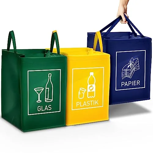 TRESKO Mülltrennsystem 3er Set - Haushaltszubehör für müheloses Recycling von Glas, Papier und mehr - robust und vielseitig einsetzbar, auch als Tragetasche für Einkäufe.