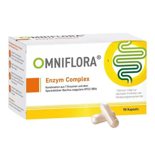 Omniflora Enzym Complex Kapseln - Nahrungsergänzungsmittel mit 7 Enzymen und Bacillus coagulans für eine optimale Verdauung. Magensaftresistente Kapseln sorgen für verzögerte Freisetzung der Wirkstoffe.