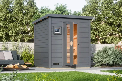 Karibu Saunahaus Talo 2 - 38 mm, 9 kW Ofen, Energiespartür - Saunahäuser für den Außenbereich, mit 2 Bänken und externer Steuerung, ideal für entspannende Wellnessmomente im eigenen Garten.