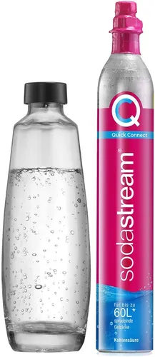 SodaStream QC-Reservepack - 1x Quick Connect CO2-Zylinder (60L) & 1x 1L Glasflasche in Pink, für frische Getränke und stilvollen Genuss
