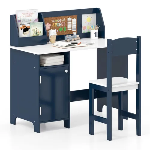 COSTWAY Kinderschreibtisch Set mit Stuhl und Bücherregal, Blau - Multifunktionales Tisch-Set für Kinder ab 3 Jahren. Bietet viel Stauraum, eine Kork-Pinnwand und ein magnetisches Whiteboard für kreatives Lernen und Spielen. Ergonomischer Stuhl fördert die richtige Haltung.