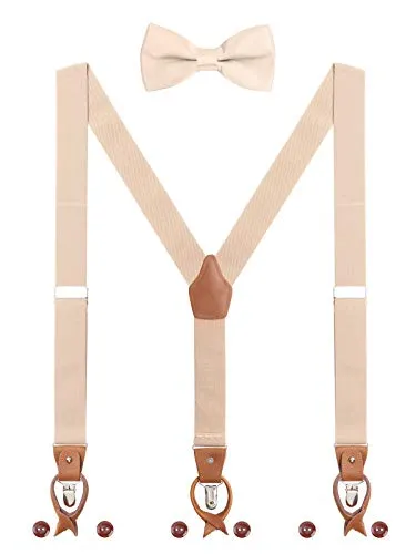 WANYING Herren Hosenträger Fliege Set 2 WAY TO WEAR 6 Leder Knopfloch 3 Clips Y-Form 3,5cm Breit Verlängerte Hosenträger für Körpergröße 160-200cm - Beige