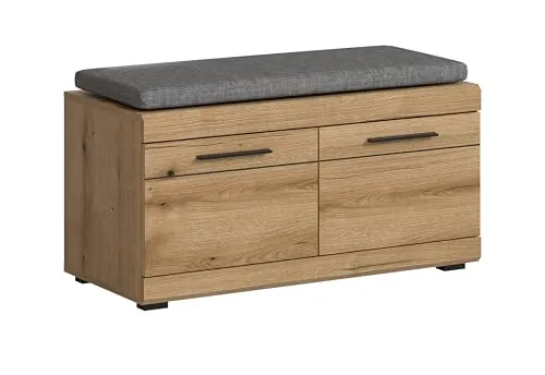 xonox.home Garderobe Scout X06H5632 Sitzbank mit Kissen - Sitzbank in Evoke Oak Nb., 90x44x40 cm, stabil bis 95 kg, mit zwei Einlegeböden für ordentliche Aufbewahrung, schnell montiert und pflegeleicht.