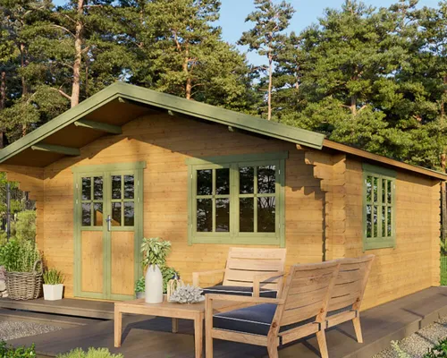 Gartenhaus Holzhaus 5x5m Blockhaus 35mm - Gartenhaus aus naturbelassenem Holz mit traditionellem Satteldach, ideal für Gartenliebhaber. Langlebig und einfach zu montieren, bietet es 20-25 m² Nutzfläche.