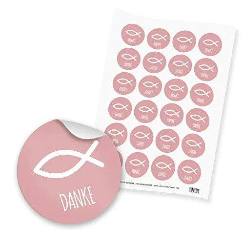 24x itenga Sticker Aufkleber Fisch Taufe Kommunion Konfirmation Firmung Gastgeschenk für Jungen und Mädchen (Altrosa mit Text)