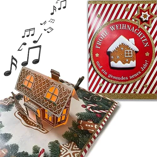 bentino PopUp Weihnachtskarte mit Musik und Lebkuchenhaus für stimmungsvolle Weihnachtsgrüße