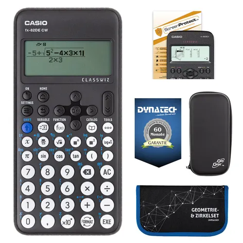 Casio FX-82 DE CW mit Schutztasche, Zirkelset blau, Schutzfolie + Garantie