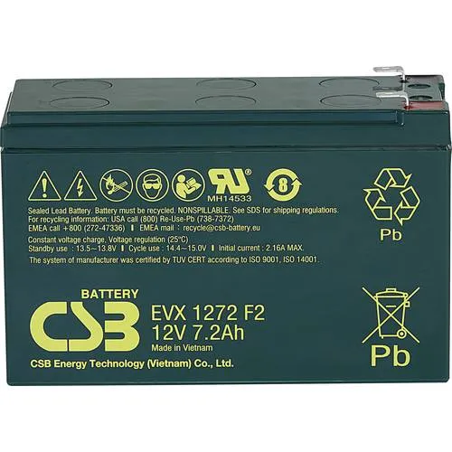 CSB EVX1272F2 - Blei-Vlies-Akku 12 V, 7,2 Ah - Batterien & Akkus, zyklenfester und wartungsfreier Blei-Akku, ideal für Elektrofahrzeuge und Handwerkzeuge mit hoher Zuverlässigkeit.