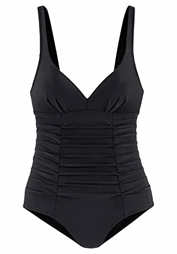 Badeanzug LASCANA Damen Gr. 48 Cup D Schwarz - Eleganter Badeanzug mit dekorativer Raffung und Shaping-Effekt für eine schlankere Silhouette. Wattierte Cups und verstellbare Träger sorgen für optimalen Tragekomfort und ein schönes Dekolleté.