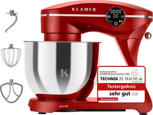 KLAMER Küchenmaschine 1800 W mit 6 l Schüssel - Multifunktionsküchenmaschine mit Spritzschutz, 3 Werkzeugen und digitalem Display – ideal für vielseitige Zubereitungsmethoden in Ihrer Küche.
