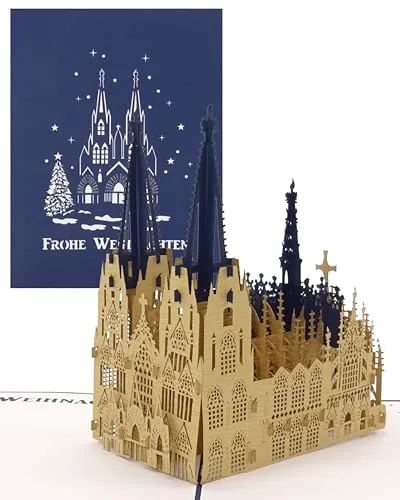 Pop-Up Karte Kölner Dom - Frohe Weihnachten Blau, Weihnachtskarte Kölner Dom, Pop Up Karte zu Weihnachten, 3D Karte Köln