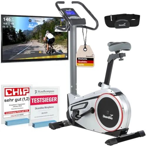 Skandika Heimtrainer Fahrrad Morpheus - Fahrradergometer mit 12kg Schwungmasse, 32 Widerstandsstufen und 24 Programmen, ideal für ein effektives Workout zu Hause – bis 150 kg Benutzergewicht, kompatibel mit Kinomap/App.