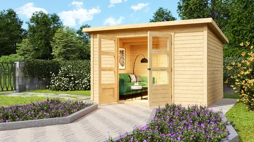KONIFERA Gartenhaus "Sandstedt 5" - Naturbelassen aus nordischer Fichte - Gartenhaus aus hochwertiger Fichte mit Doppelflügeltüren und 10 Jahren Herstellergarantie. Ideal für Gartenliebhaber, die einen robusten und stilvollen Rückzugsort suchen.