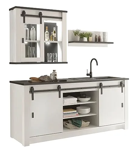 Küchenschrank Set "Stove" in Weiß Pinie und Anthrazit - Küchenzeilen mit modernem Landhausdesign, 3-teiliges Set mit vielseitigen Stauraummöglichkeiten und höhenverstellbaren Einlegeböden für optimale Anpassung.