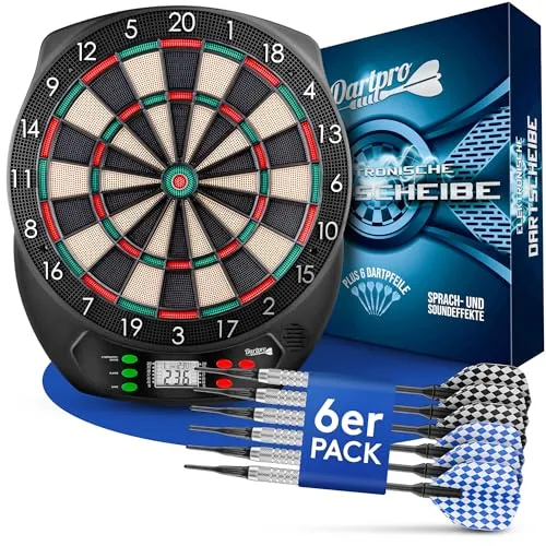 DartPro Dartscheibe elektronisch - 6 Darts inklusive - Mehrfarbige Dartscheibe für unterhaltsame Spieleabende, ideal für Einsteiger und Profis.